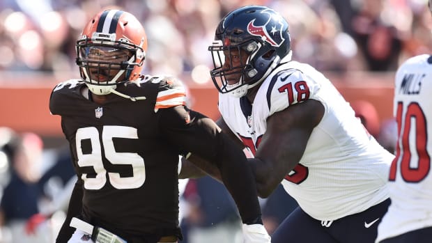 Texans offensive tackle Laremy Tunsil (78) blocks Cleveland Browns defensive end Myles Garrett (95) during the second half at FirstEnergy Stadium.